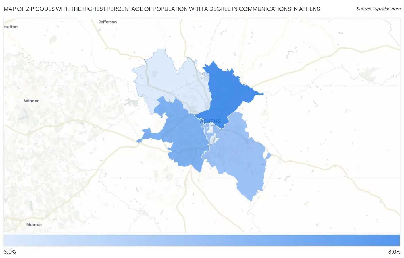 Zip Codes with the Highest Percentage of Population with a Degree in Communications in Athens Map