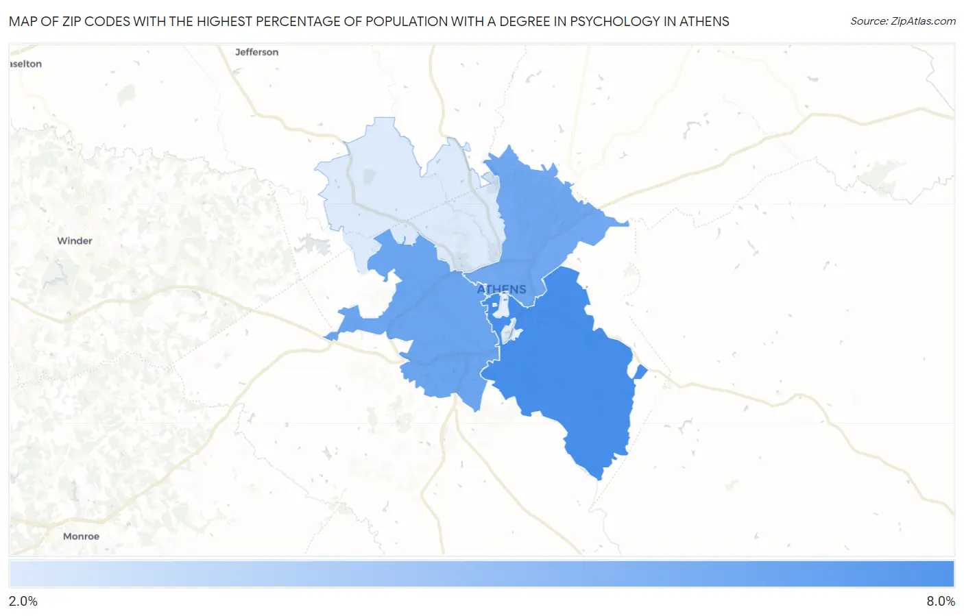 Zip Codes with the Highest Percentage of Population with a Degree in Psychology in Athens Map