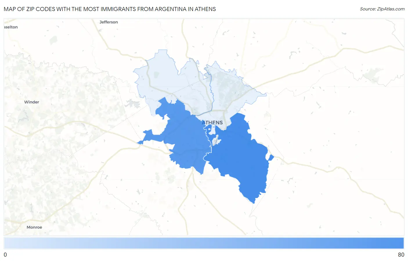 Zip Codes with the Most Immigrants from Argentina in Athens Map