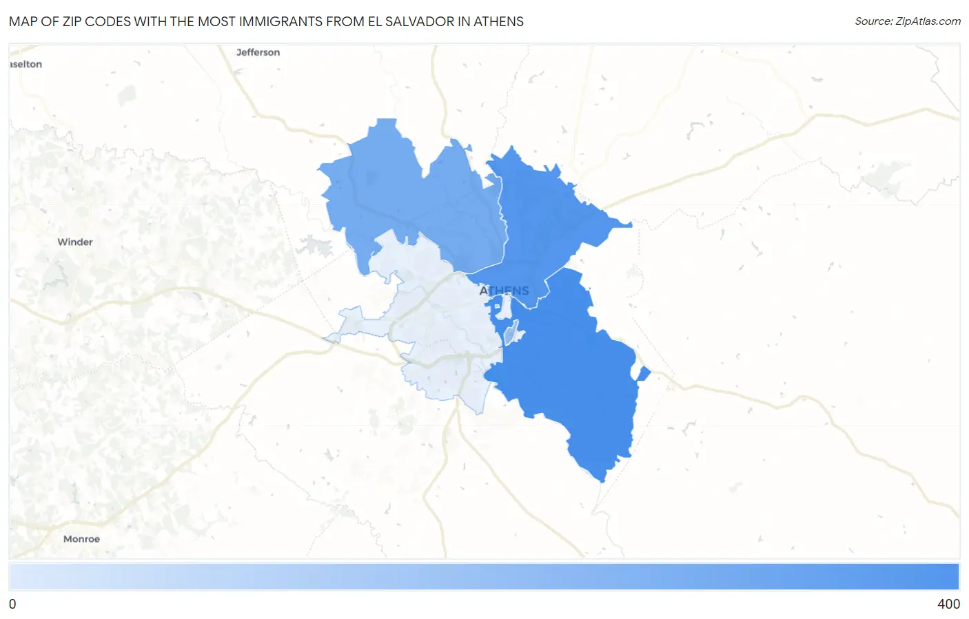 Zip Codes with the Most Immigrants from El Salvador in Athens Map
