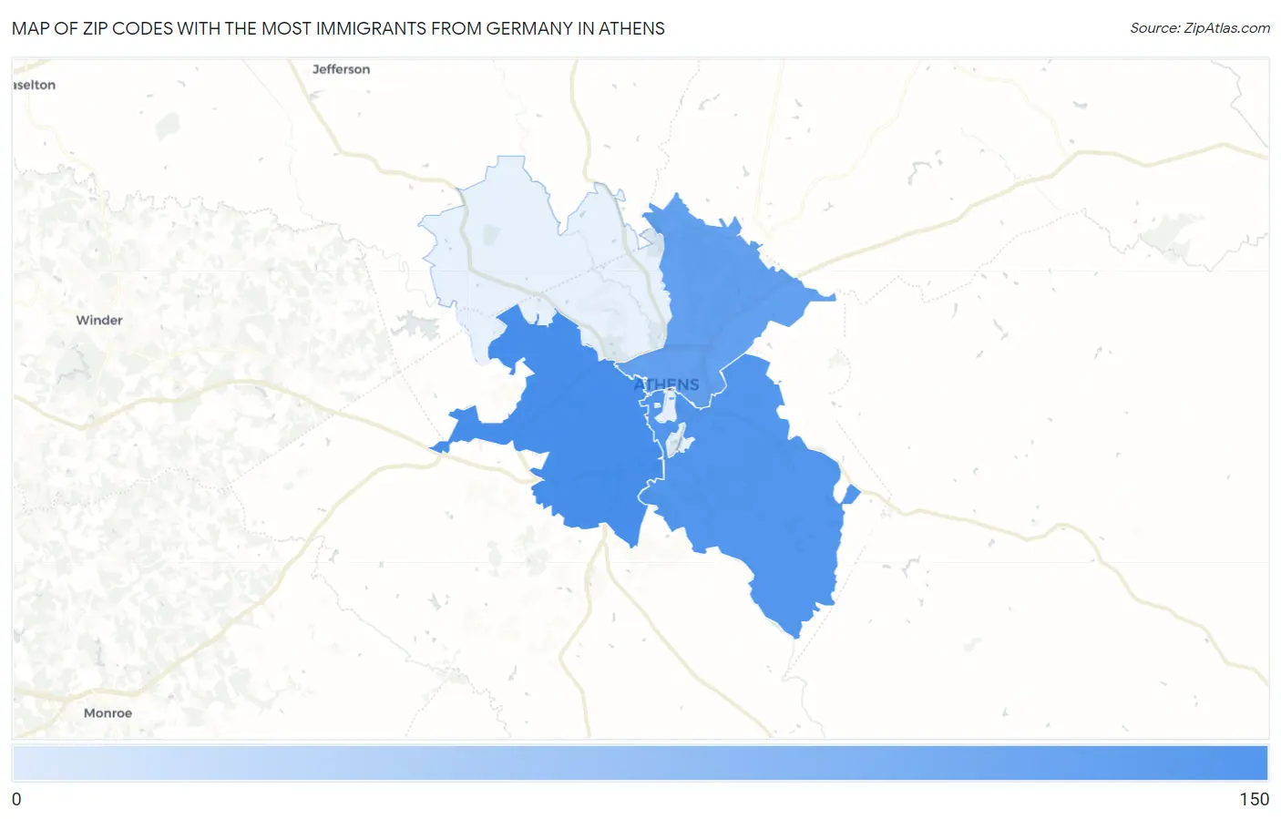 Zip Codes with the Most Immigrants from Germany in Athens Map