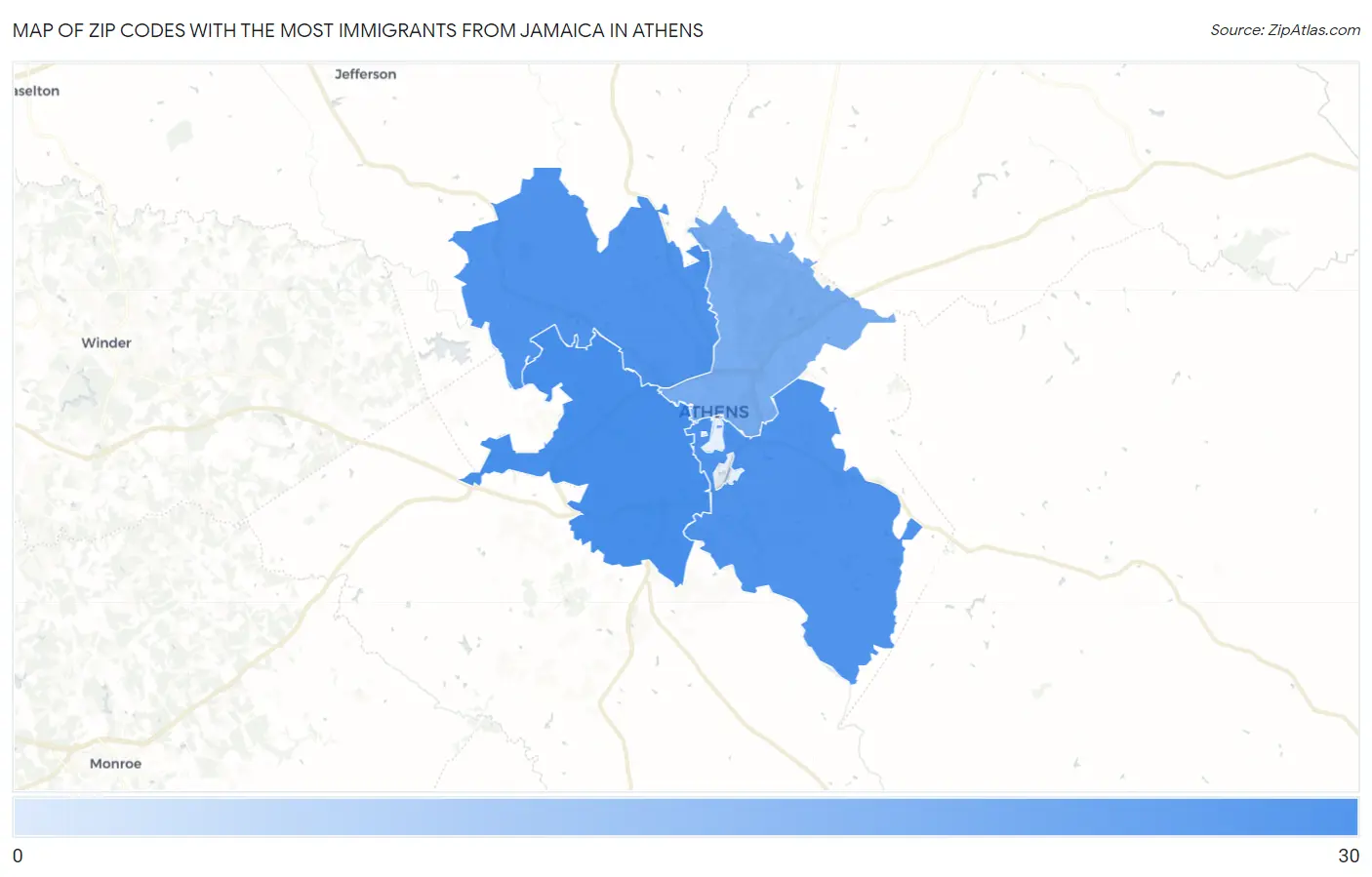Zip Codes with the Most Immigrants from Jamaica in Athens Map