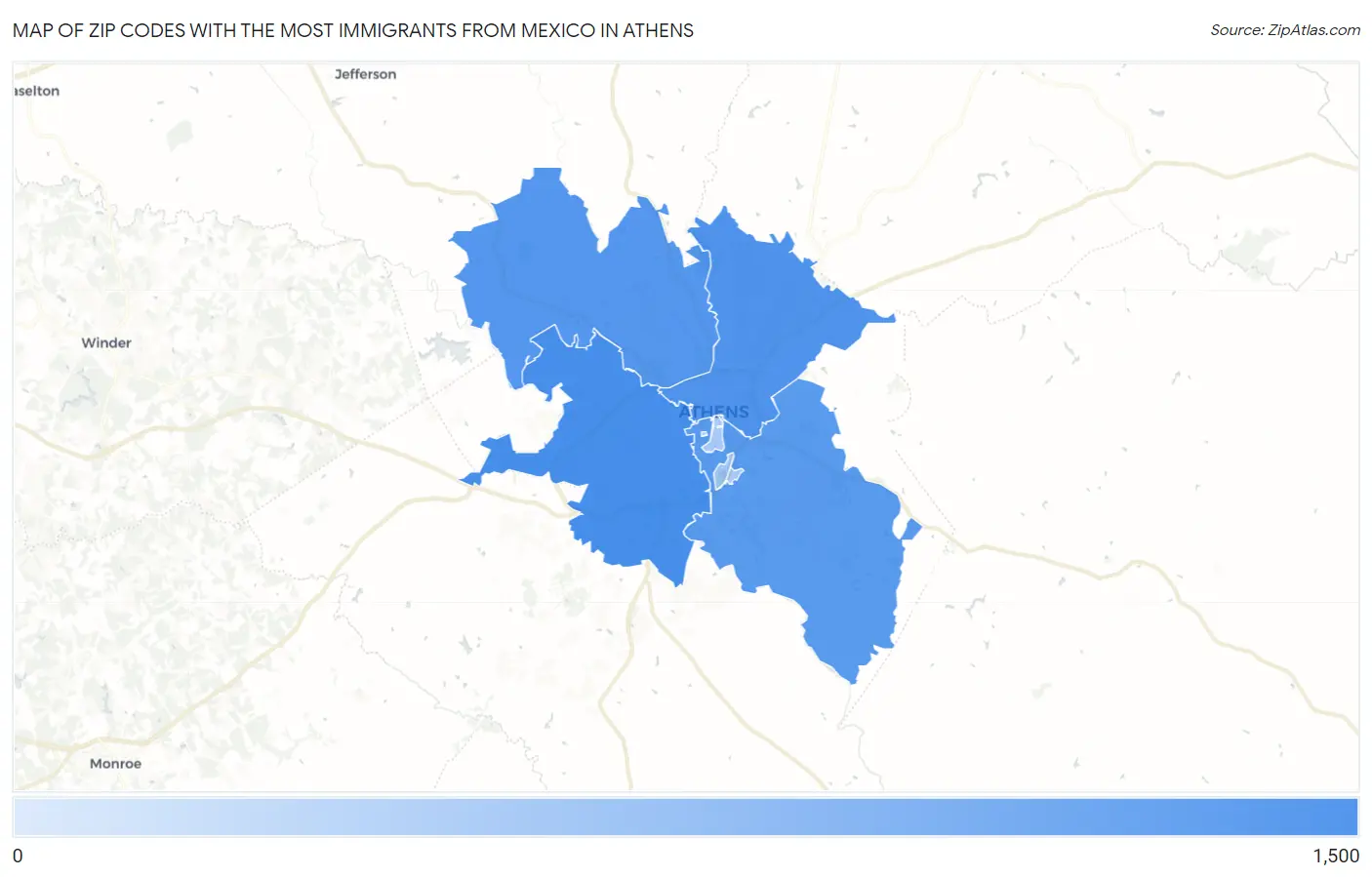 Zip Codes with the Most Immigrants from Mexico in Athens Map