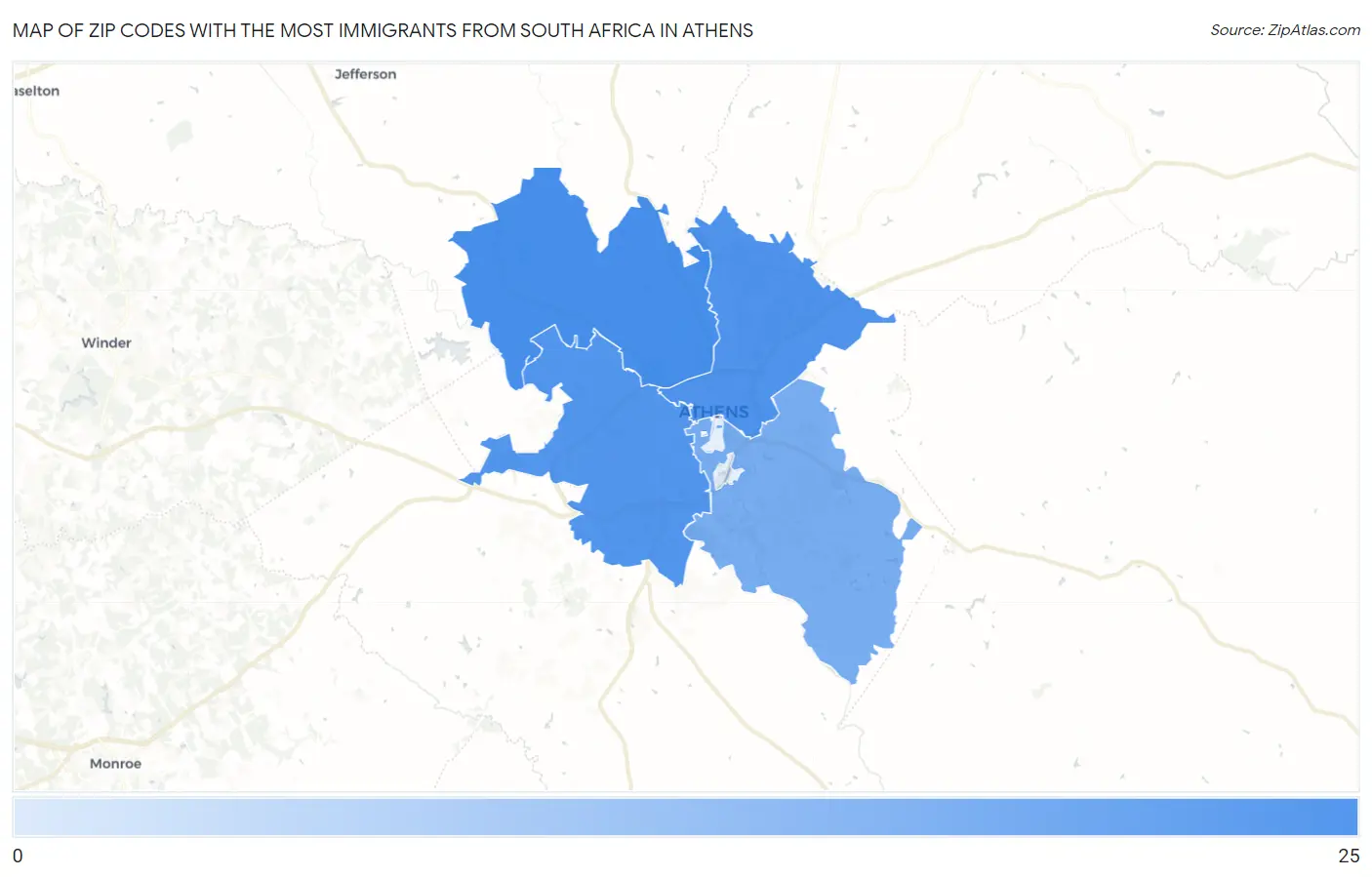 Zip Codes with the Most Immigrants from South Africa in Athens Map