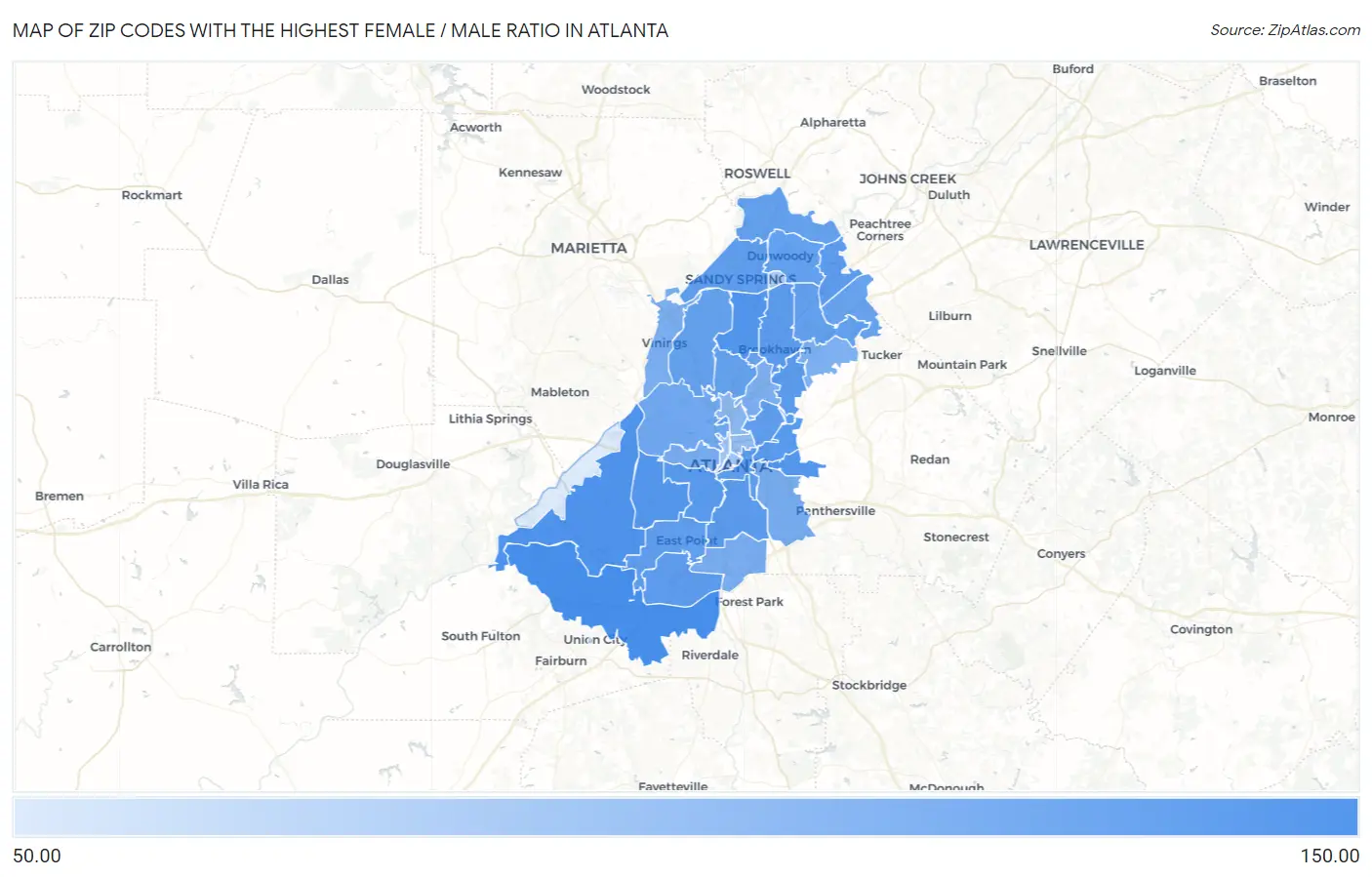 Zip Codes with the Highest Female / Male Ratio in Atlanta Map