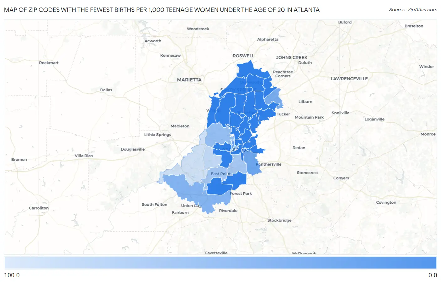 Zip Codes with the Fewest Births per 1,000 Teenage Women Under the Age of 20 in Atlanta Map