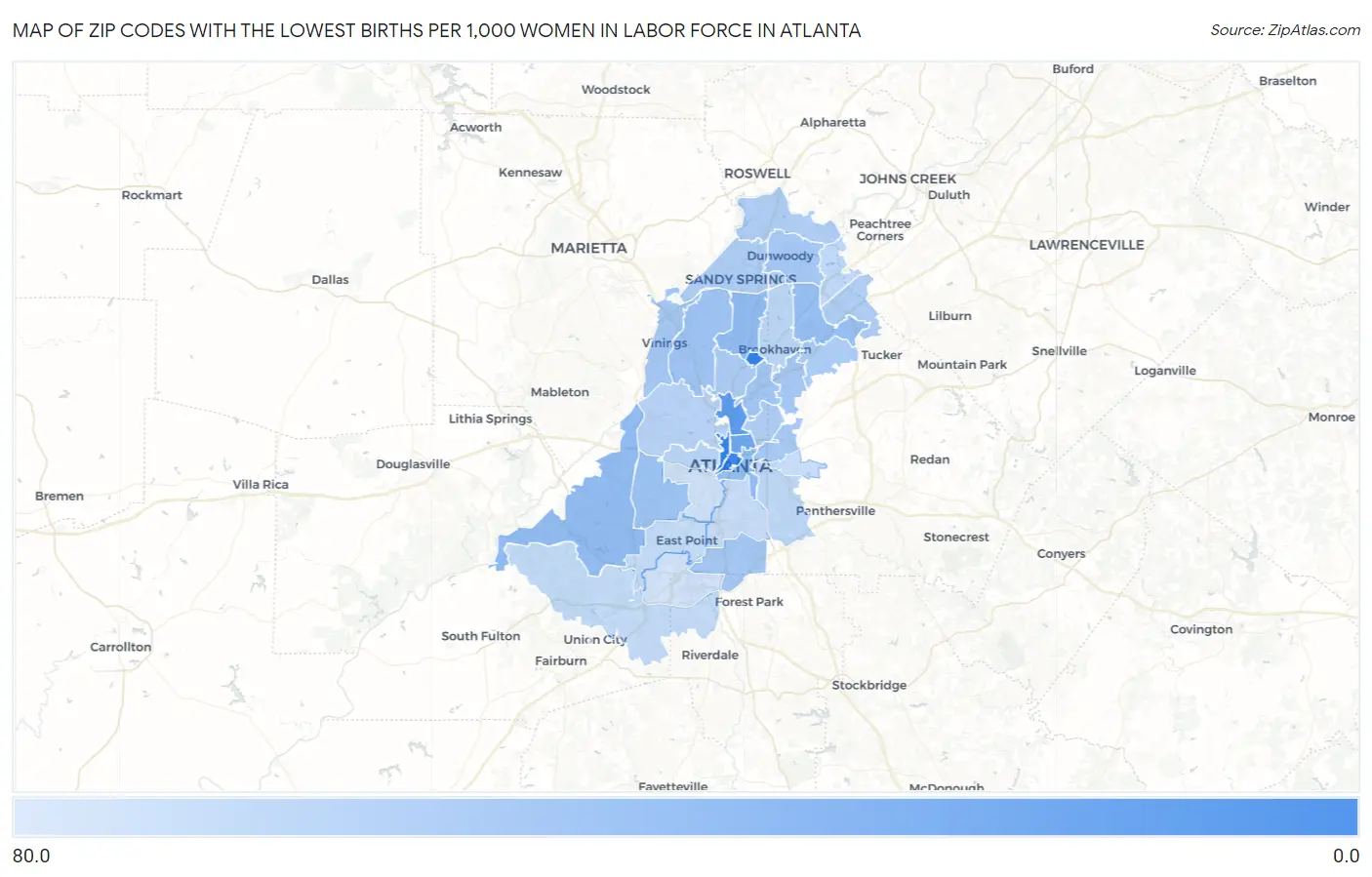 Zip Codes with the Lowest Births per 1,000 Women in Labor Force in Atlanta Map
