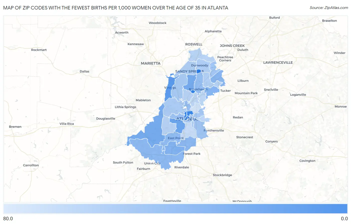 Zip Codes with the Fewest Births per 1,000 Women Over the Age of 35 in Atlanta Map