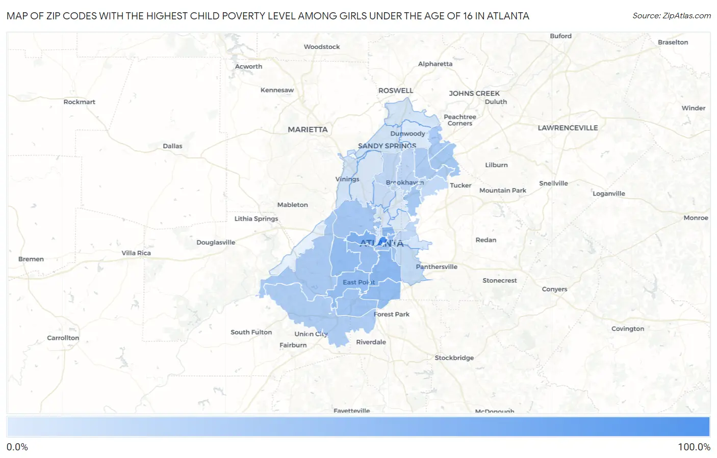 Zip Codes with the Highest Child Poverty Level Among Girls Under the Age of 16 in Atlanta Map