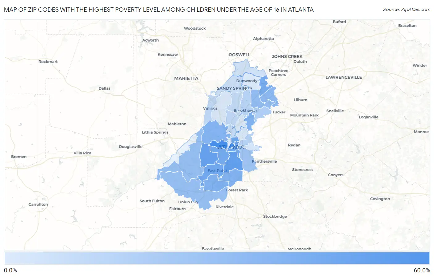 Zip Codes with the Highest Poverty Level Among Children Under the Age of 16 in Atlanta Map