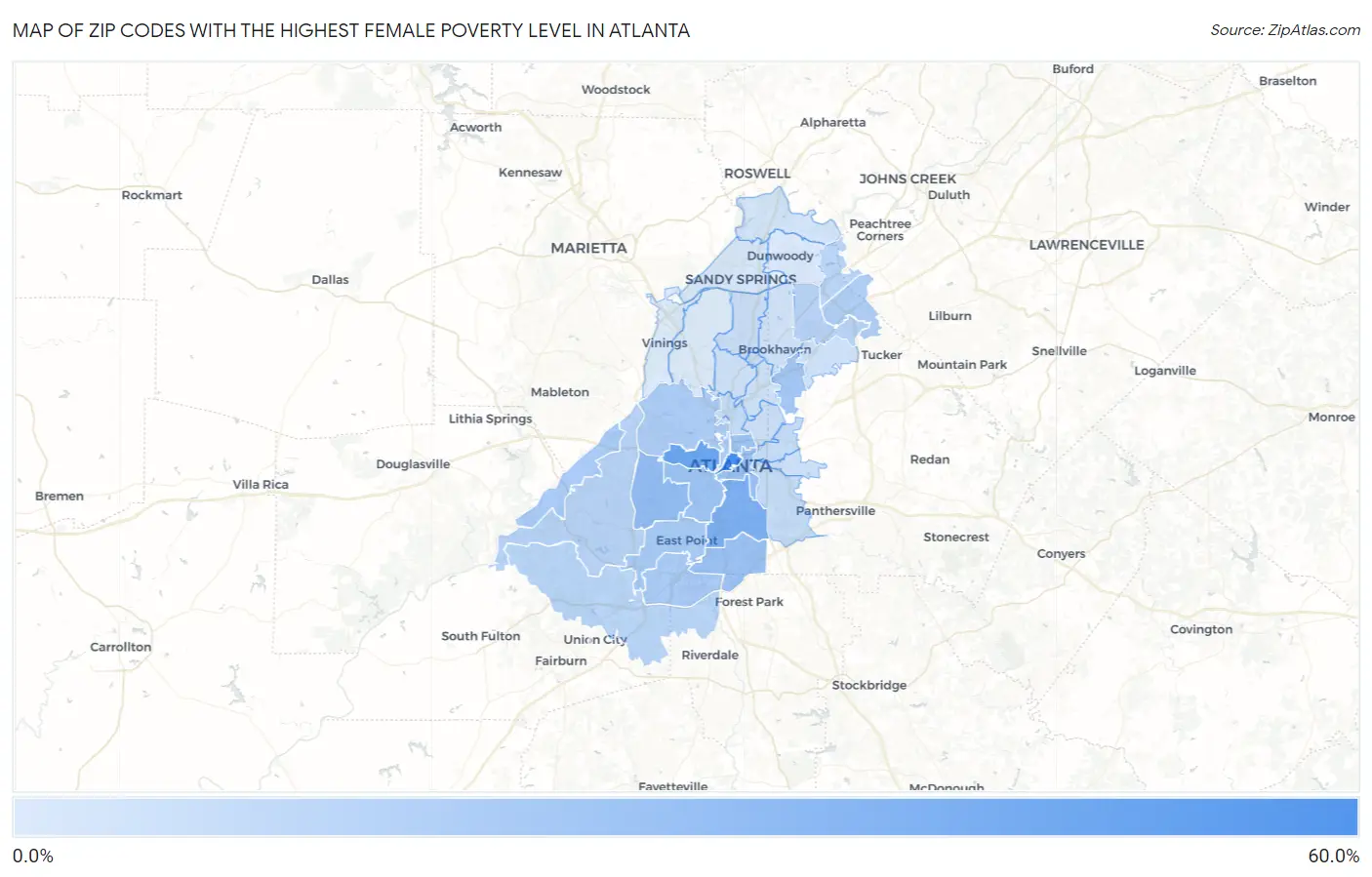 Zip Codes with the Highest Female Poverty Level in Atlanta Map