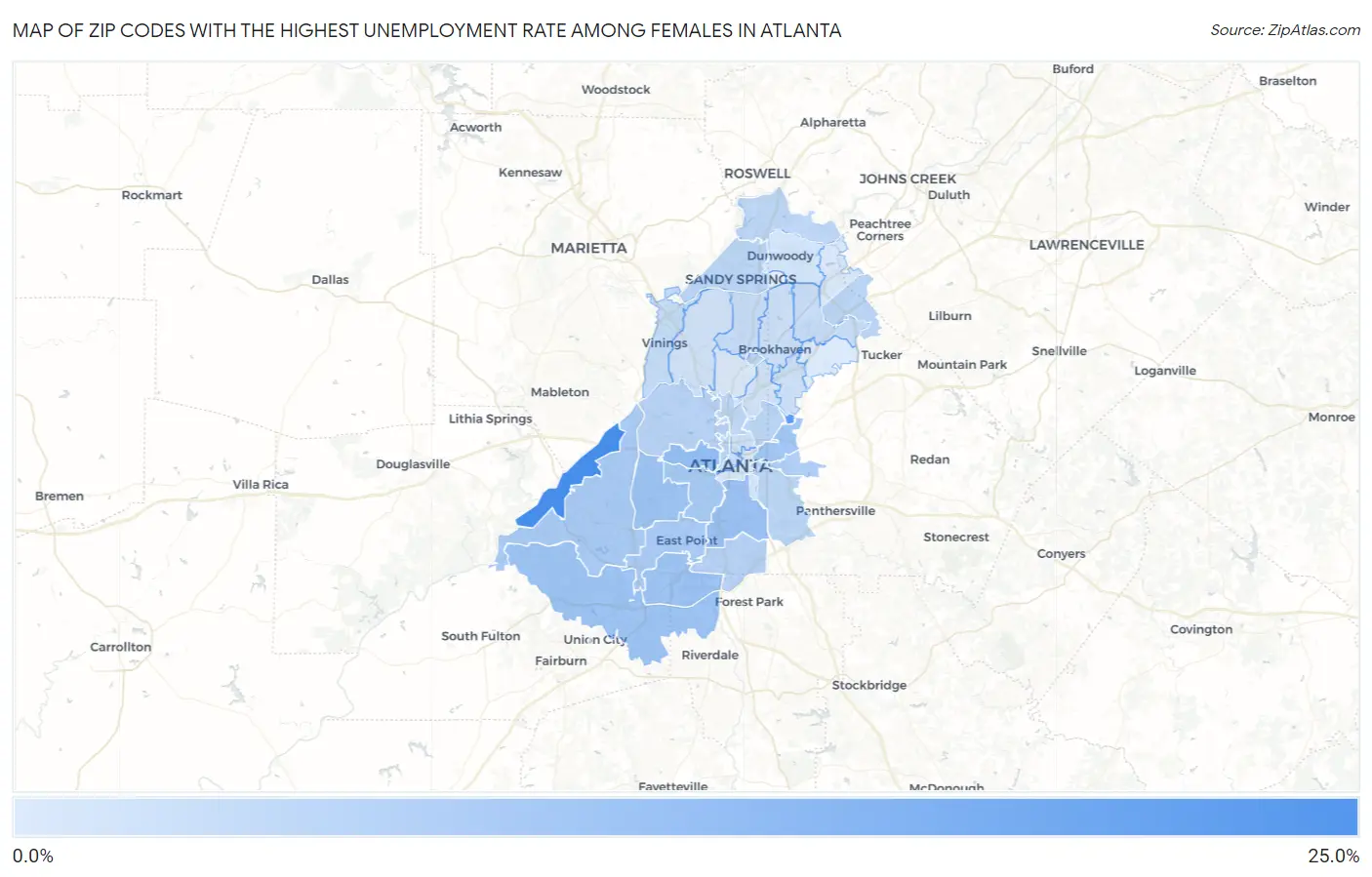 Zip Codes with the Highest Unemployment Rate Among Females in Atlanta Map
