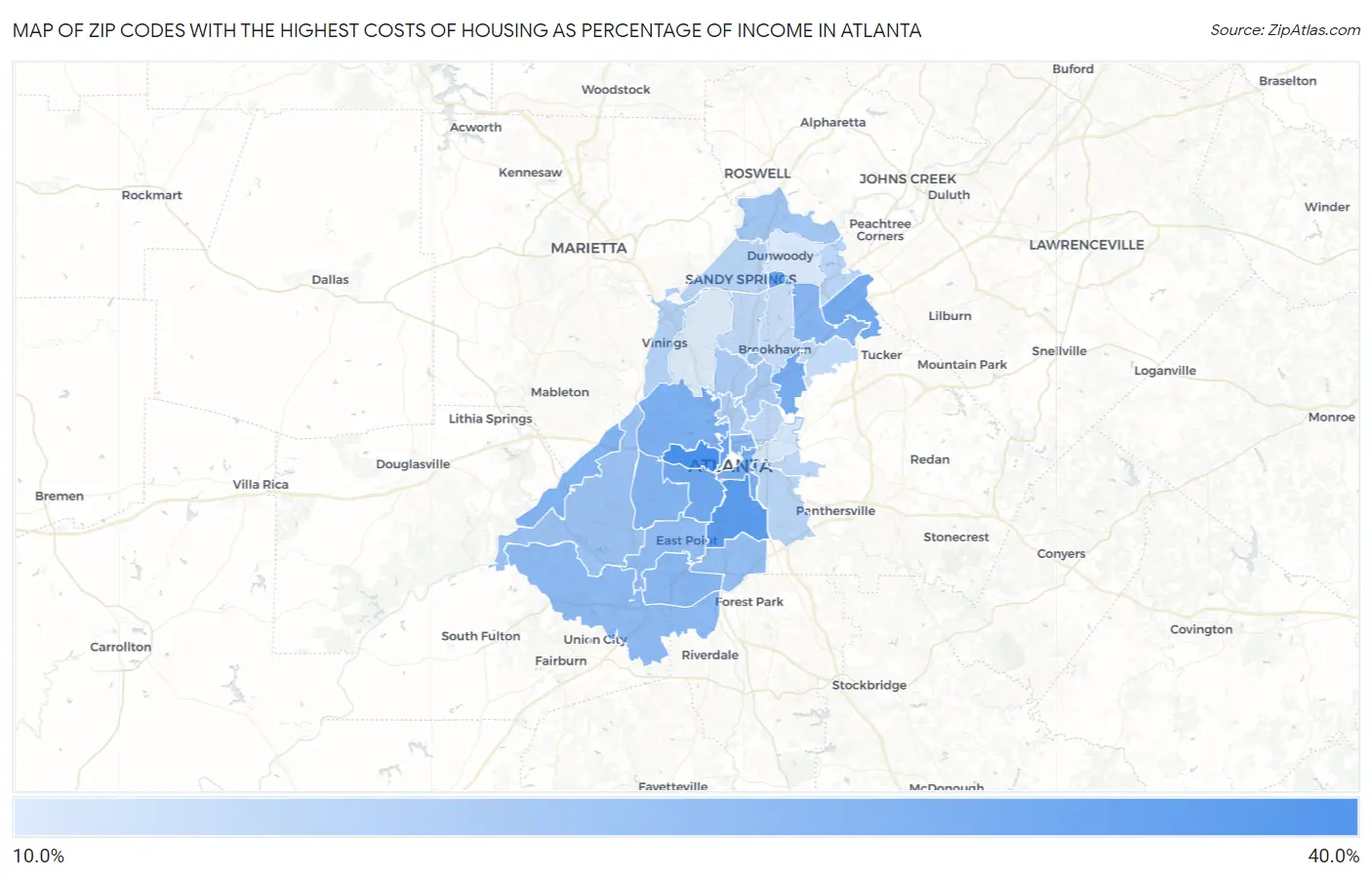 Zip Codes with the Highest Costs of Housing as Percentage of Income in Atlanta Map