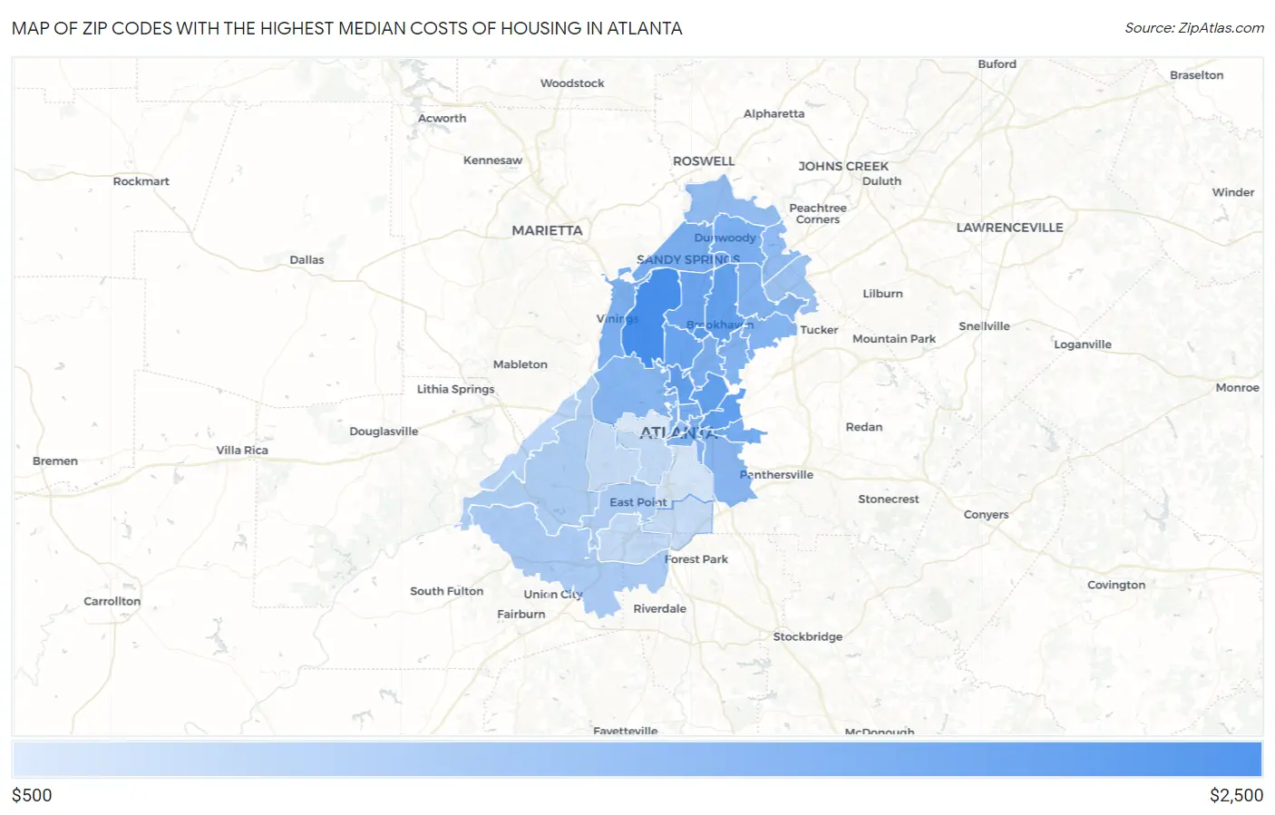 Zip Codes with the Highest Median Costs of Housing in Atlanta Map