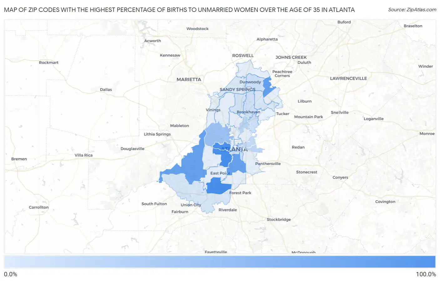 Zip Codes with the Highest Percentage of Births to Unmarried Women over the Age of 35 in Atlanta Map