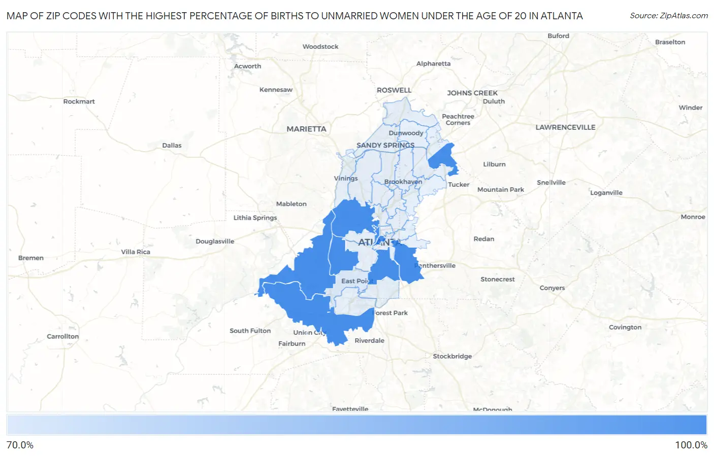 Zip Codes with the Highest Percentage of Births to Unmarried Women under the Age of 20 in Atlanta Map
