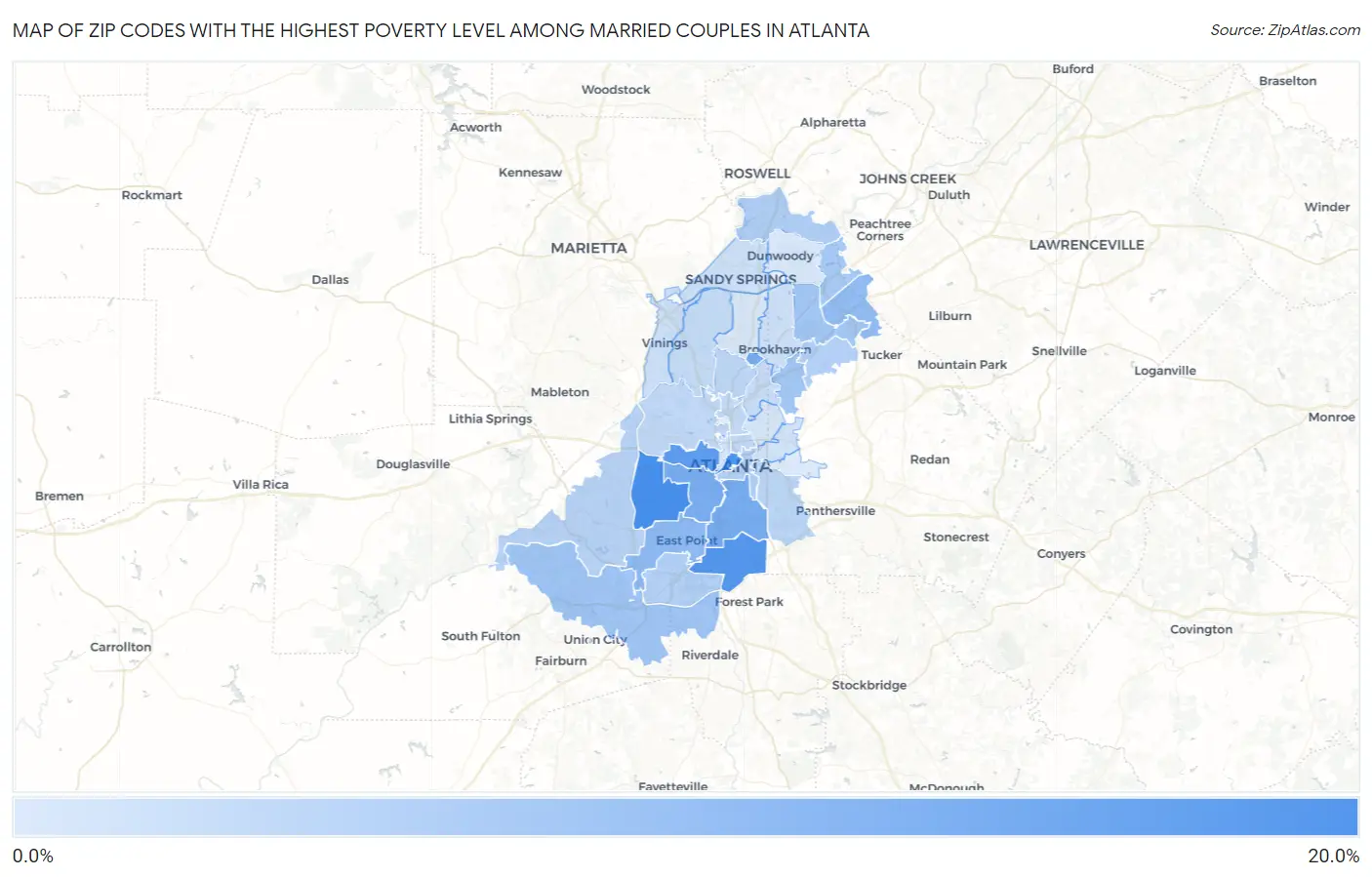 Zip Codes with the Highest Poverty Level Among Married Couples in Atlanta Map
