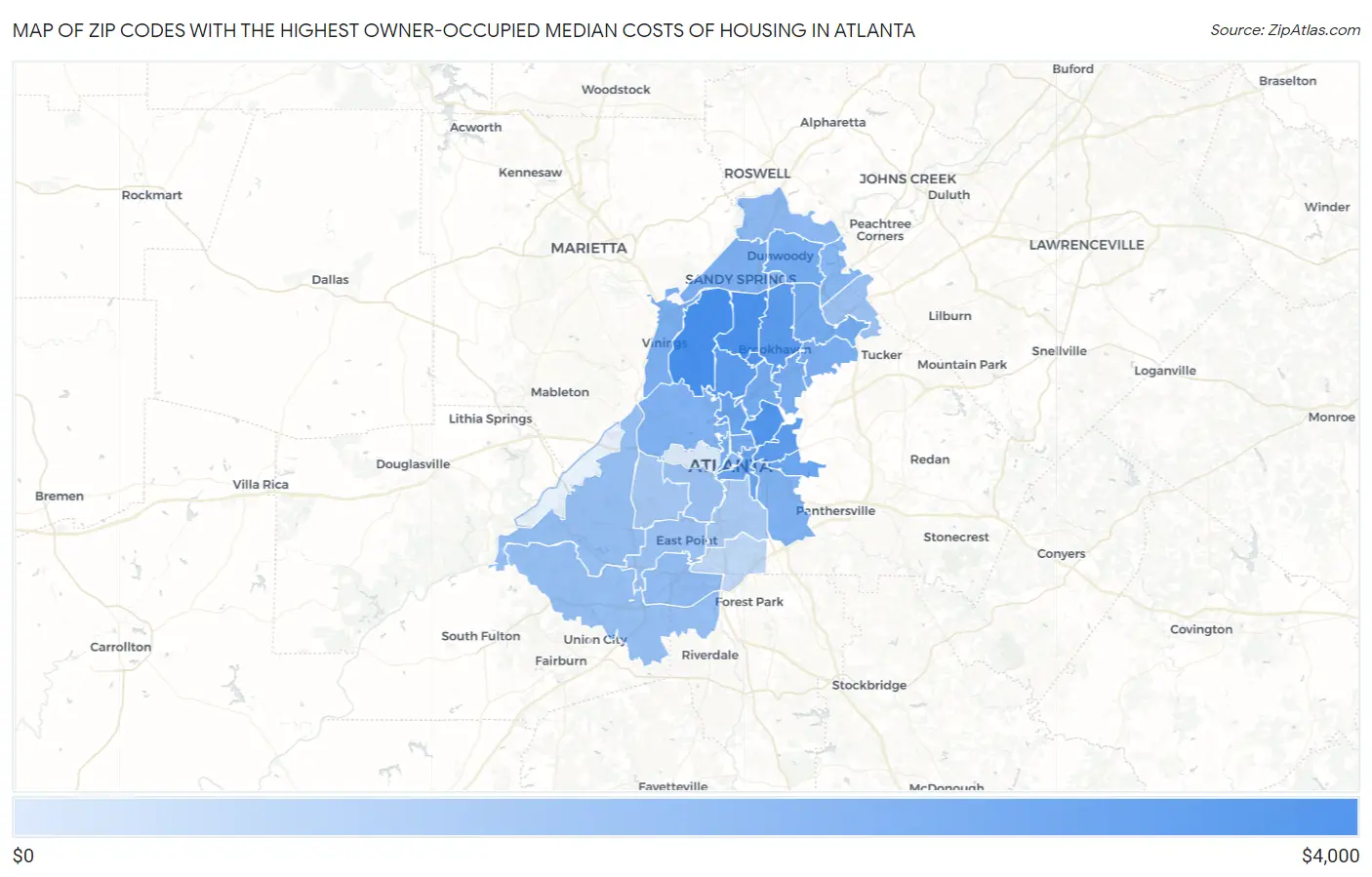 Zip Codes with the Highest Owner-Occupied Median Costs of Housing in Atlanta Map