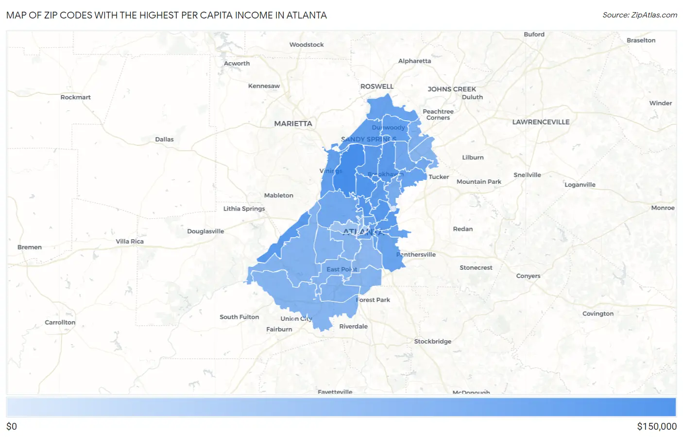 Zip Codes with the Highest Per Capita Income in Atlanta Map