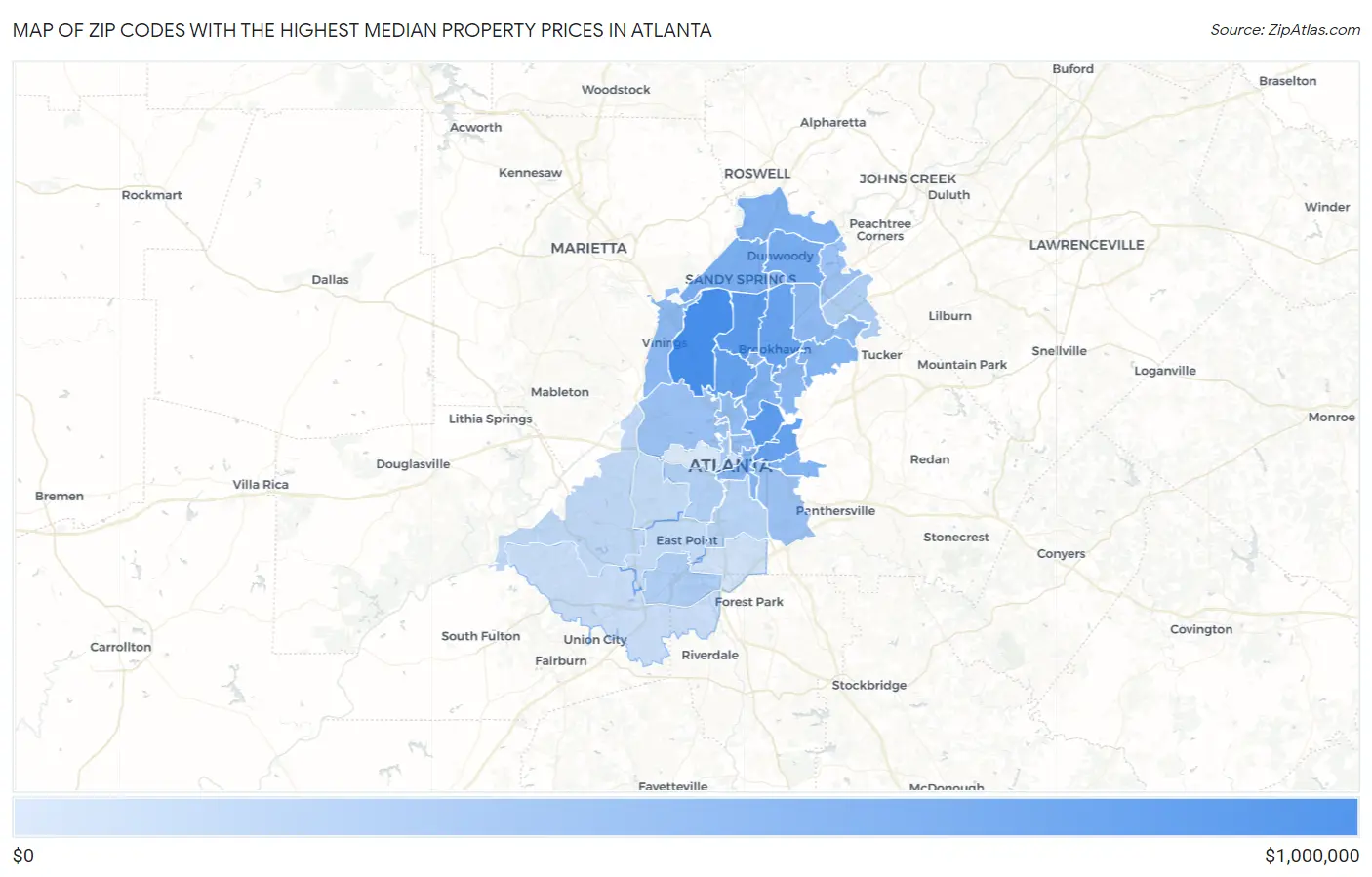 Zip Codes with the Highest Median Property Prices in Atlanta Map