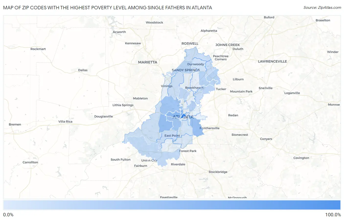 Zip Codes with the Highest Poverty Level Among Single Fathers in Atlanta Map