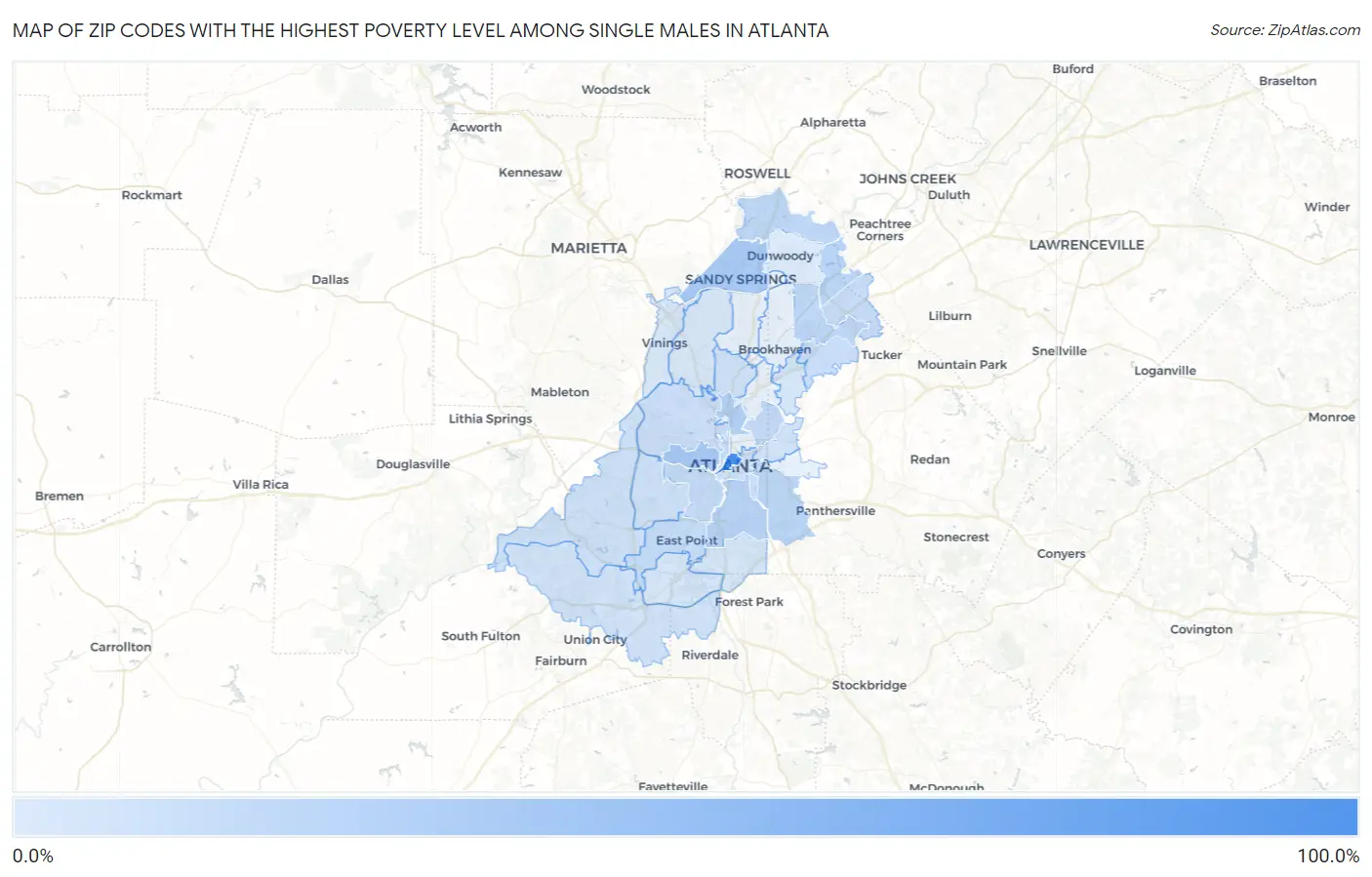 Zip Codes with the Highest Poverty Level Among Single Males in Atlanta Map