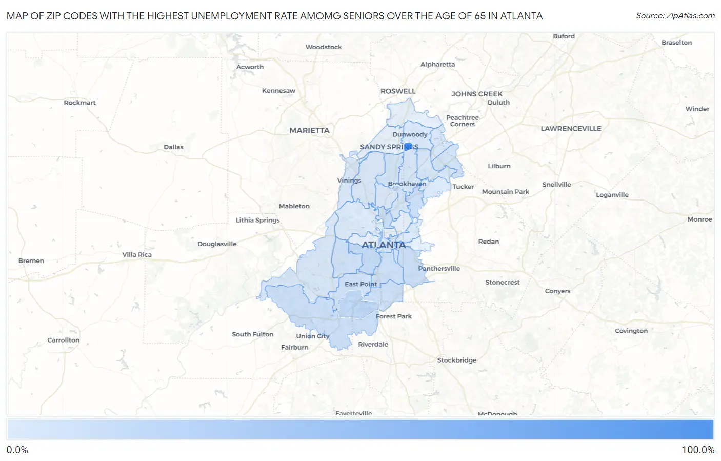Zip Codes with the Highest Unemployment Rate Amomg Seniors Over the Age of 65 in Atlanta Map