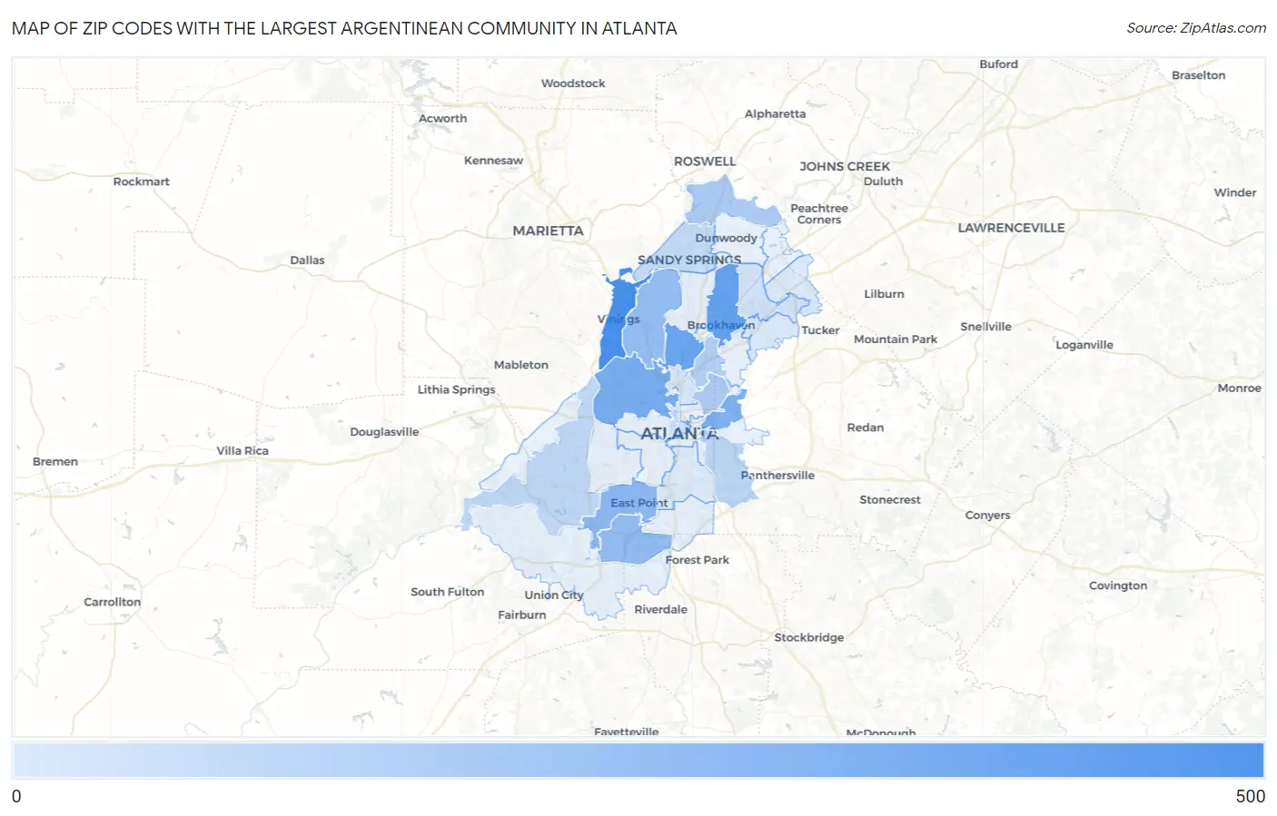 Zip Codes with the Largest Argentinean Community in Atlanta Map