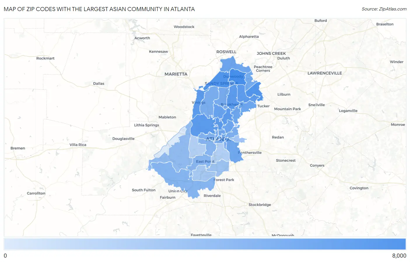 Zip Codes with the Largest Asian Community in Atlanta Map