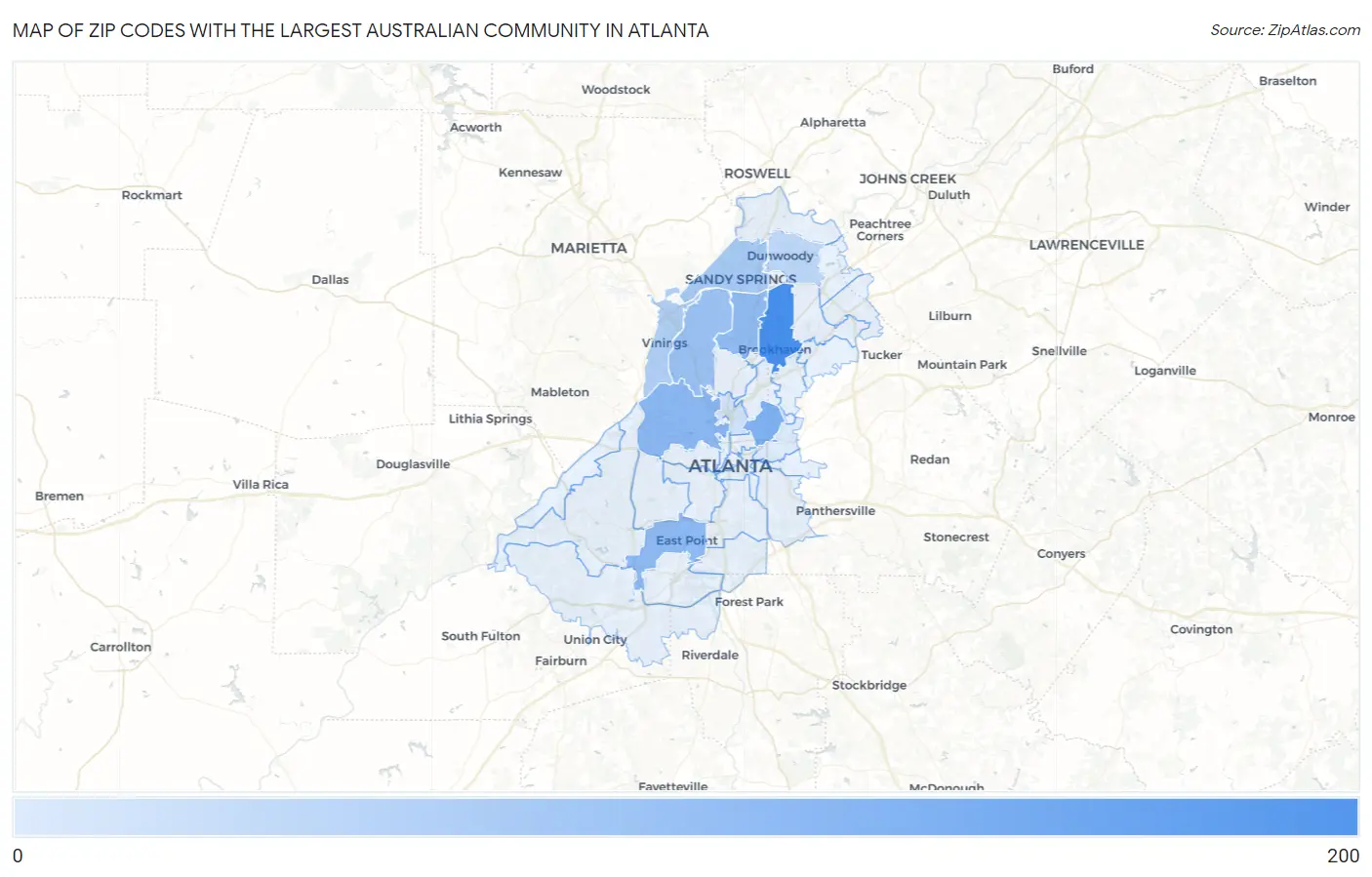 Zip Codes with the Largest Australian Community in Atlanta Map