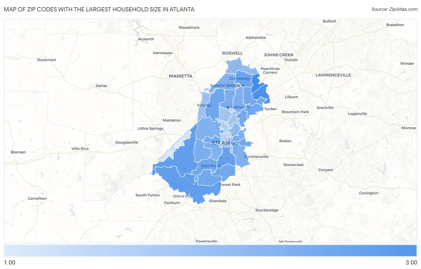 Zip Codes with the Largest Household Size in Atlanta Map