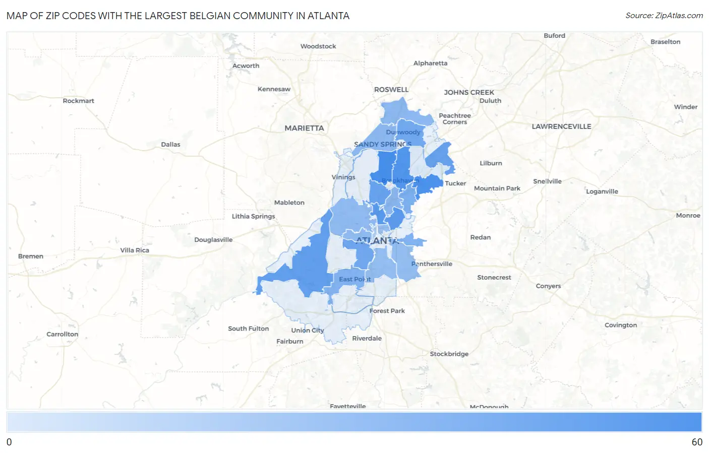 Zip Codes with the Largest Belgian Community in Atlanta Map