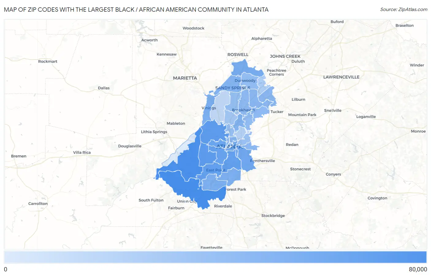 Zip Codes with the Largest Black / African American Community in Atlanta Map