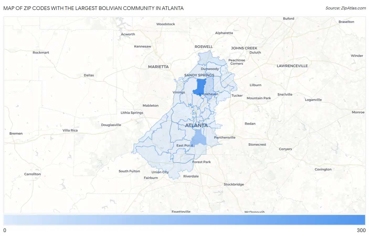 Zip Codes with the Largest Bolivian Community in Atlanta Map