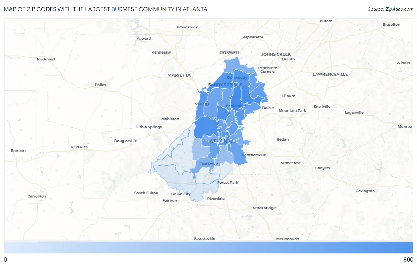Zip Codes with the Largest Burmese Community in Atlanta Map