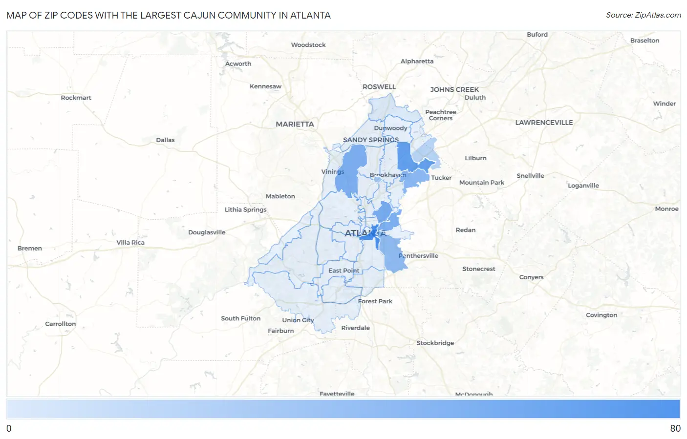 Zip Codes with the Largest Cajun Community in Atlanta Map