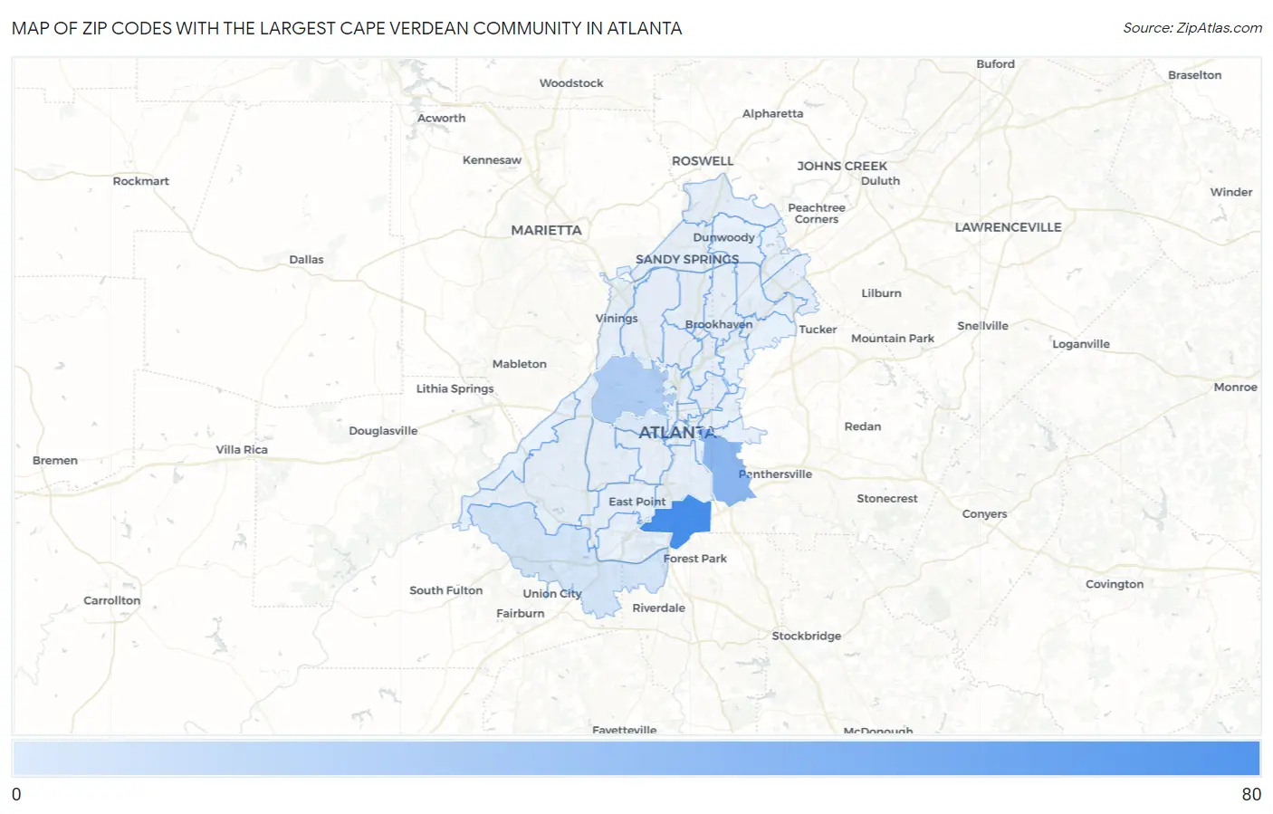 Zip Codes with the Largest Cape Verdean Community in Atlanta Map