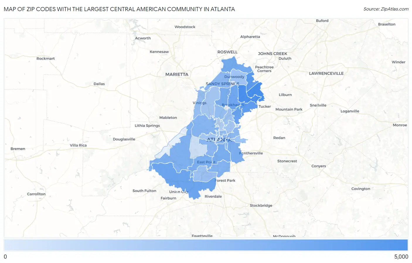 Zip Codes with the Largest Central American Community in Atlanta Map
