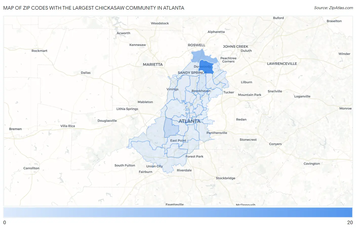 Zip Codes with the Largest Chickasaw Community in Atlanta Map