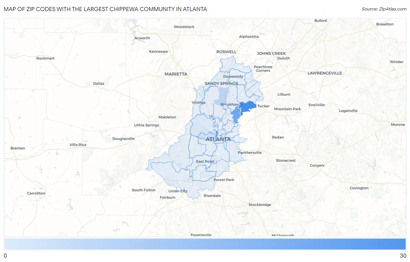 Zip Codes with the Largest Chippewa Community in Atlanta Map
