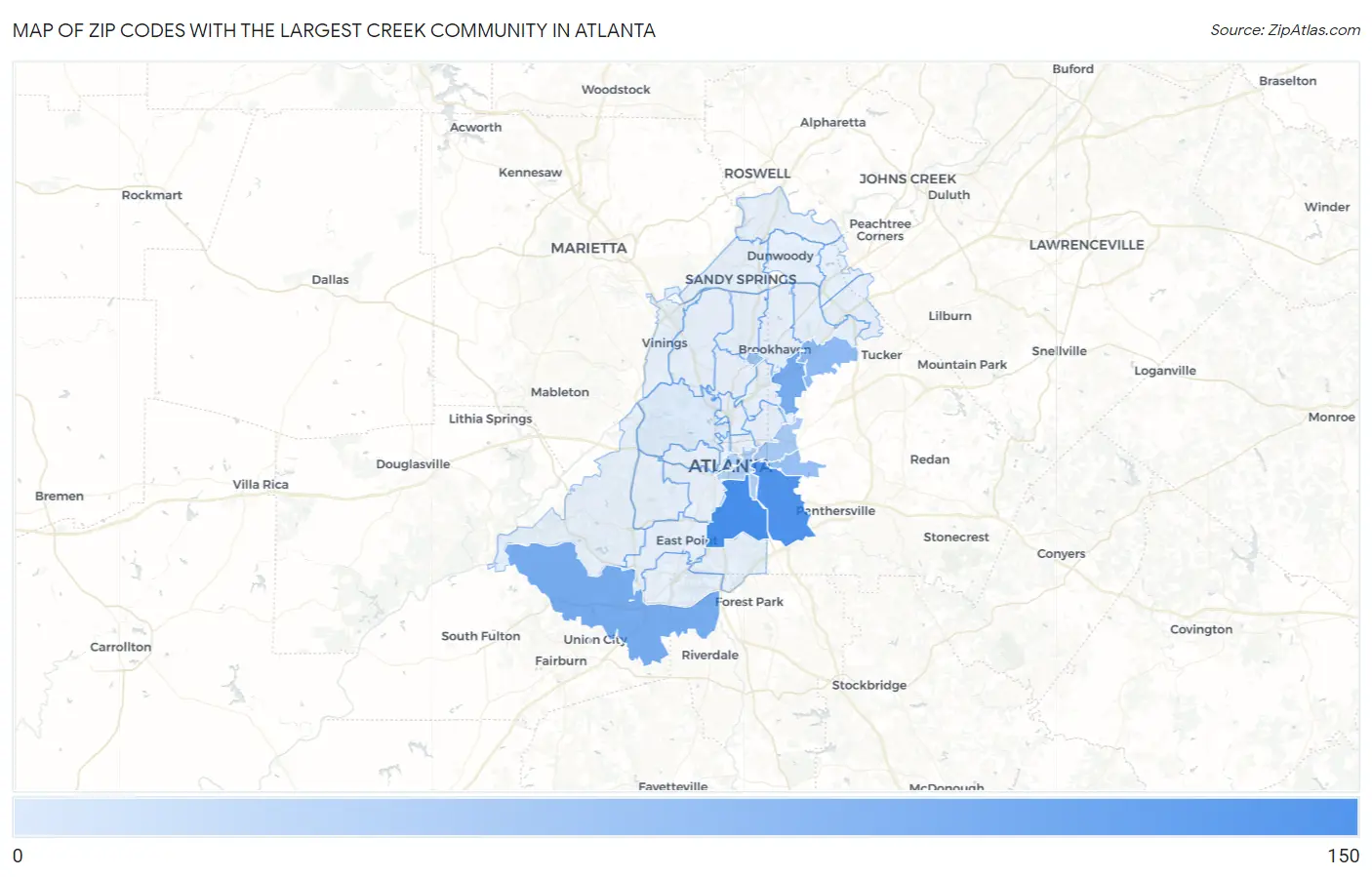 Zip Codes with the Largest Creek Community in Atlanta Map