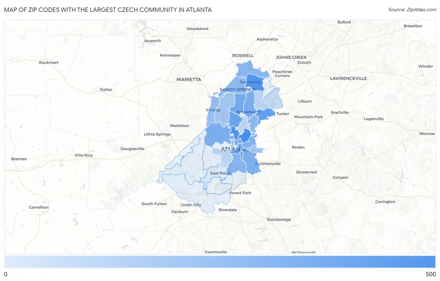 Zip Codes with the Largest Czech Community in Atlanta Map