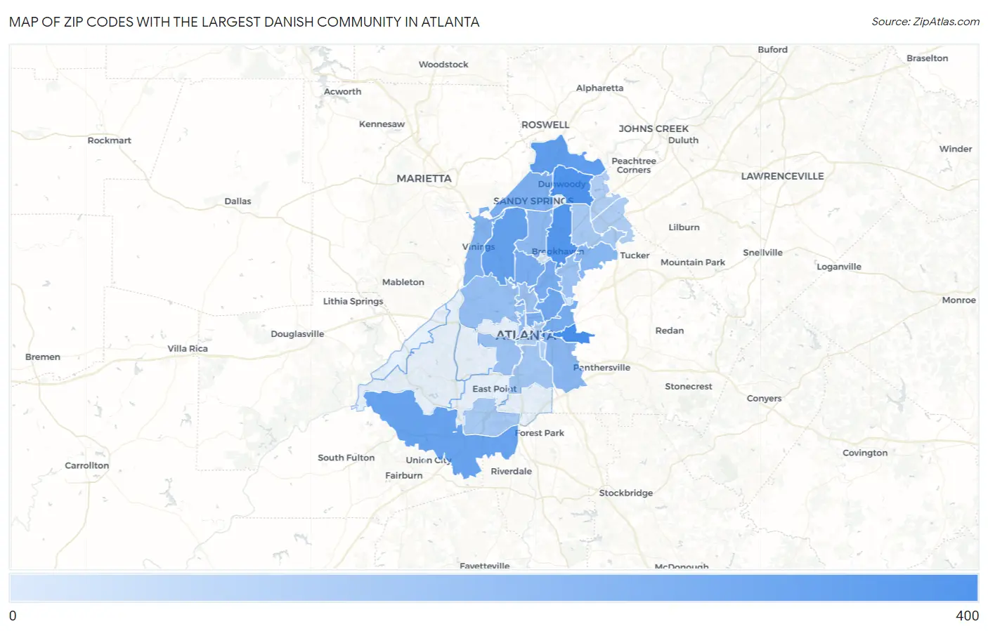 Zip Codes with the Largest Danish Community in Atlanta Map
