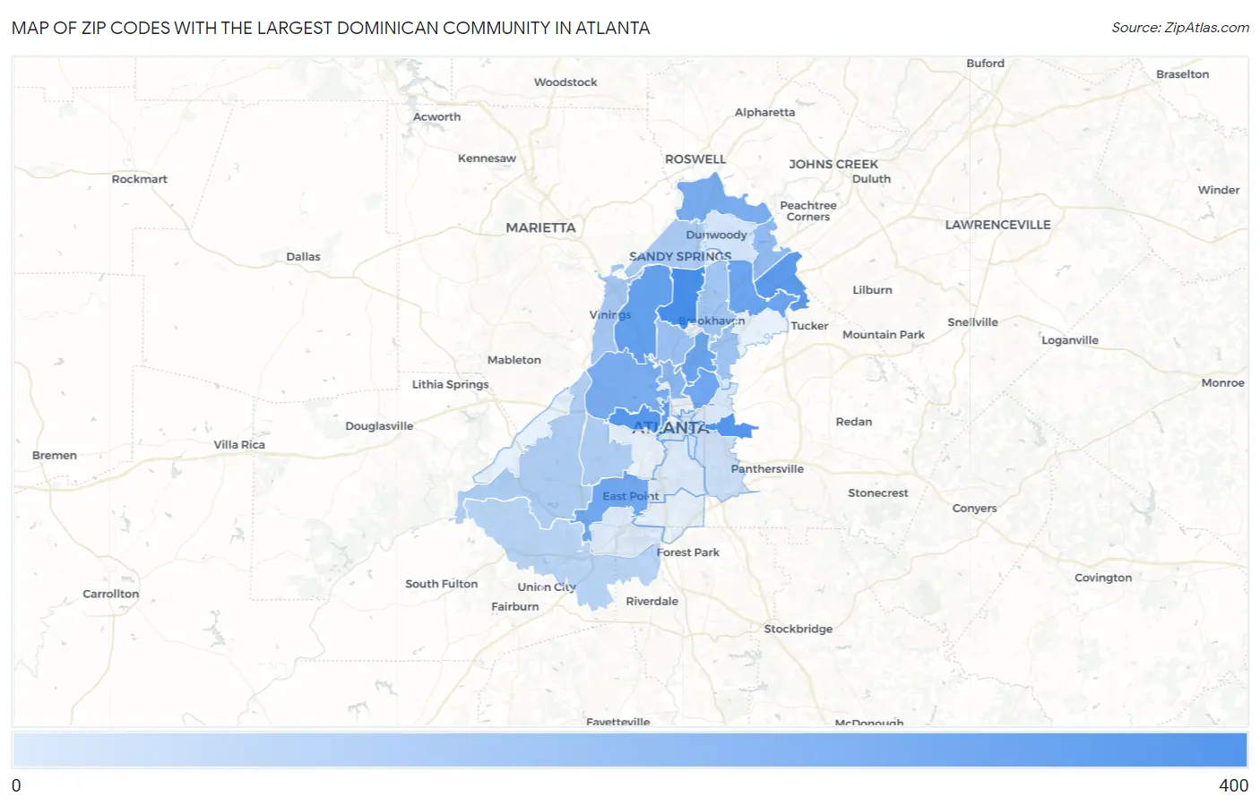 Zip Codes with the Largest Dominican Community in Atlanta Map
