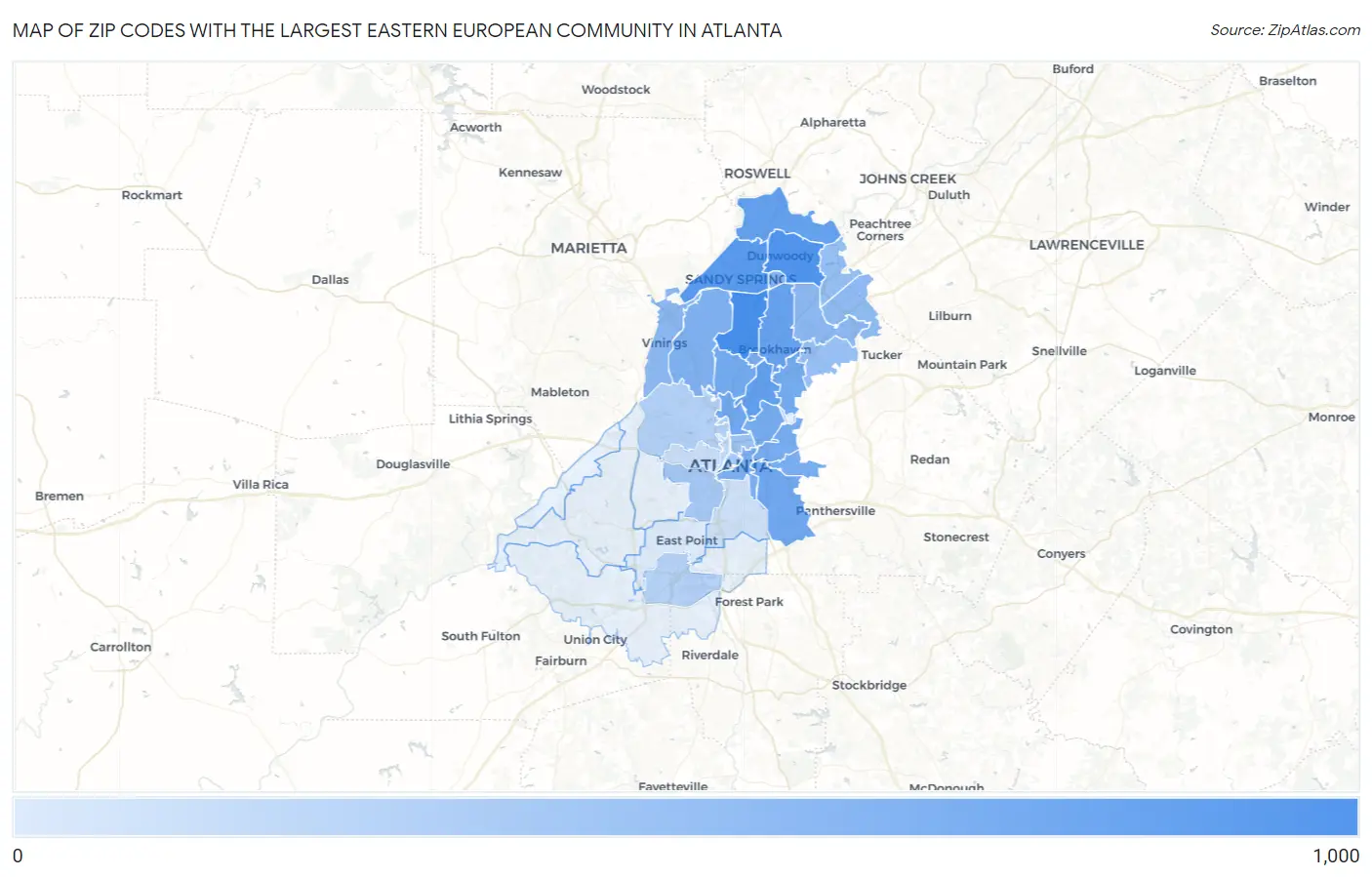 Zip Codes with the Largest Eastern European Community in Atlanta Map