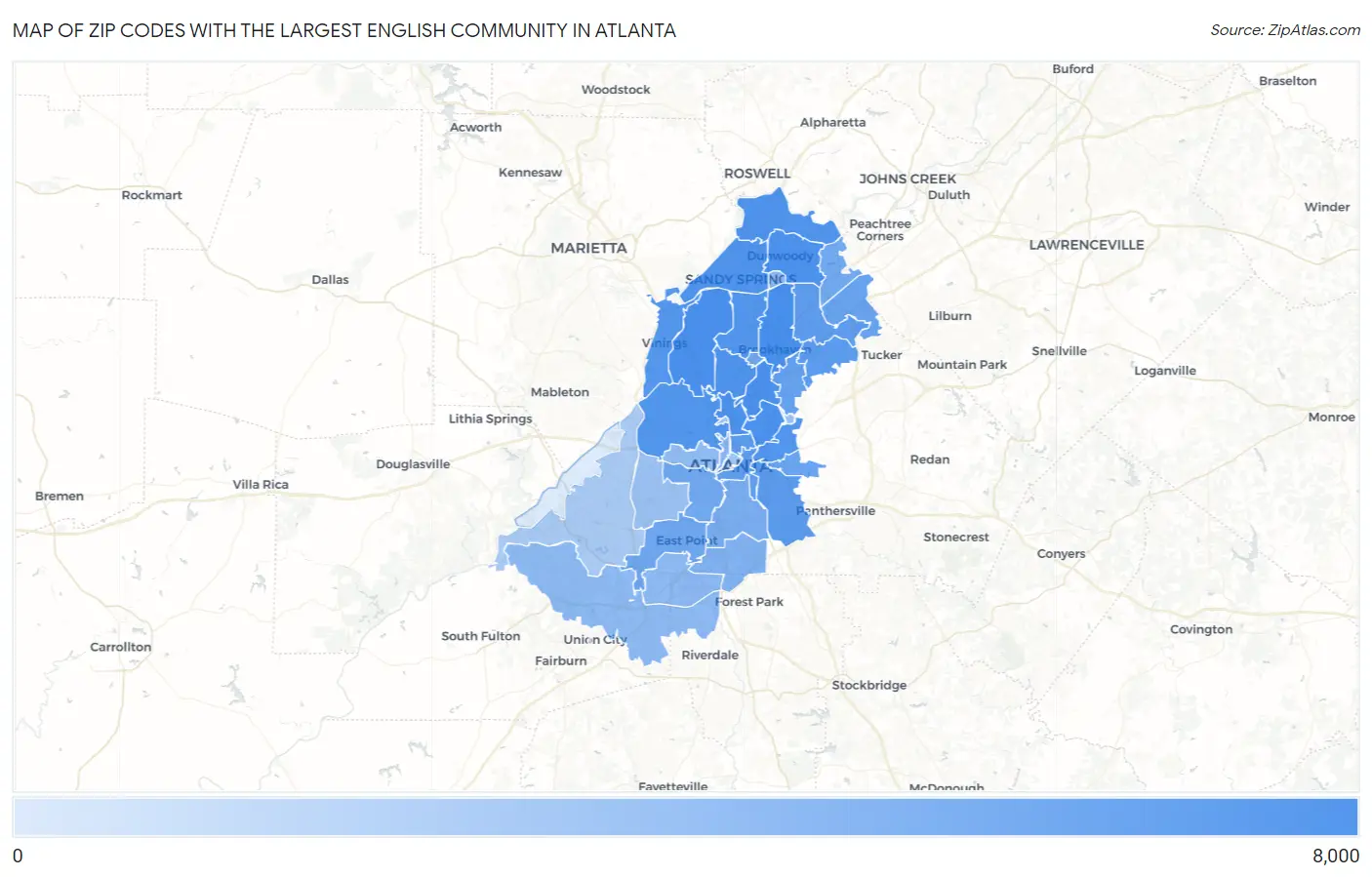 Zip Codes with the Largest English Community in Atlanta Map