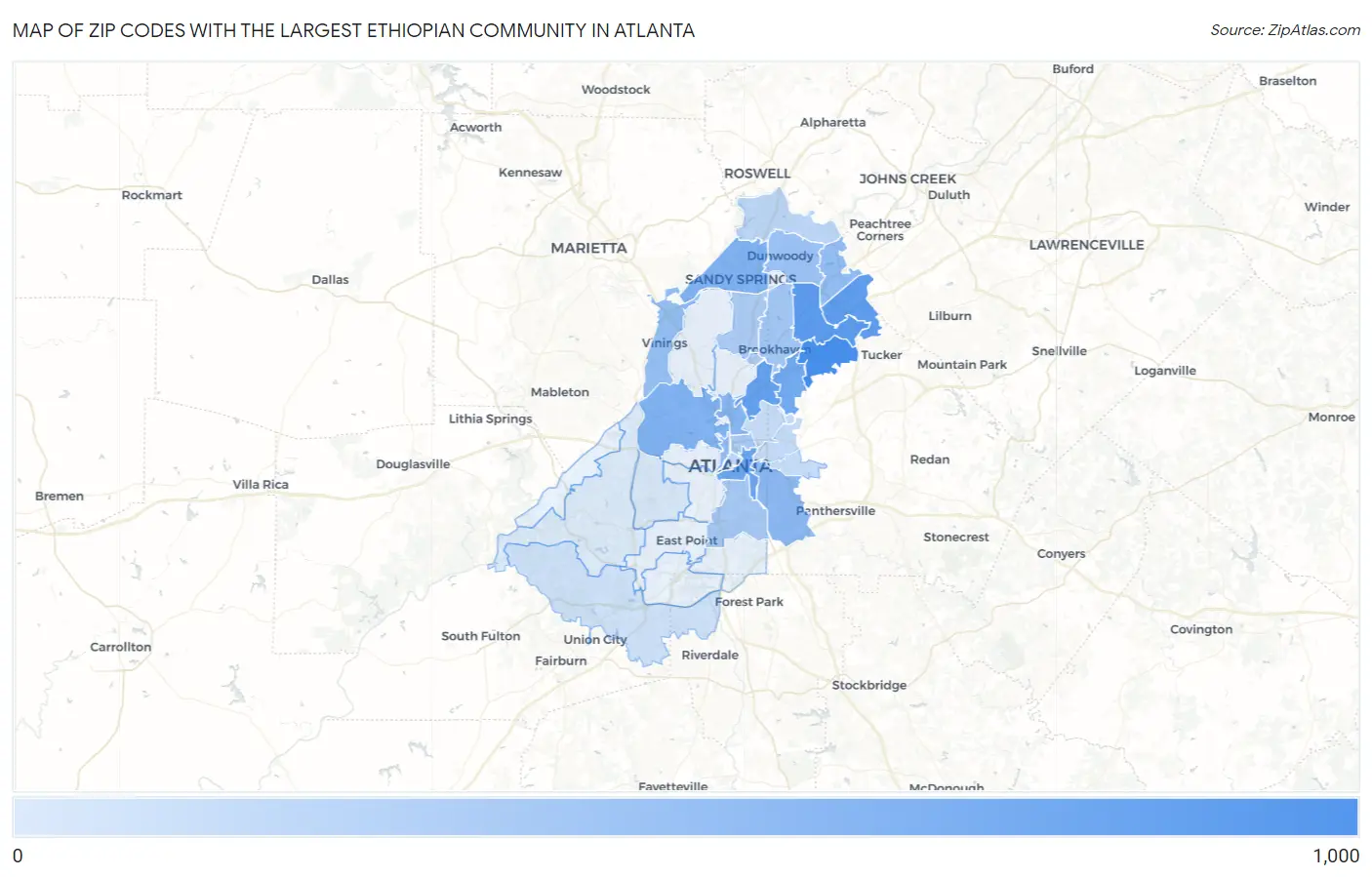 Zip Codes with the Largest Ethiopian Community in Atlanta Map