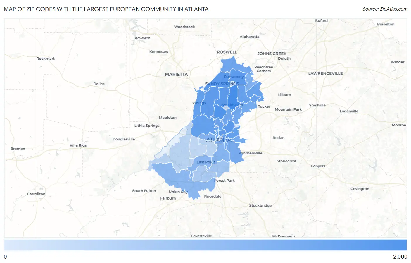 Zip Codes with the Largest European Community in Atlanta Map