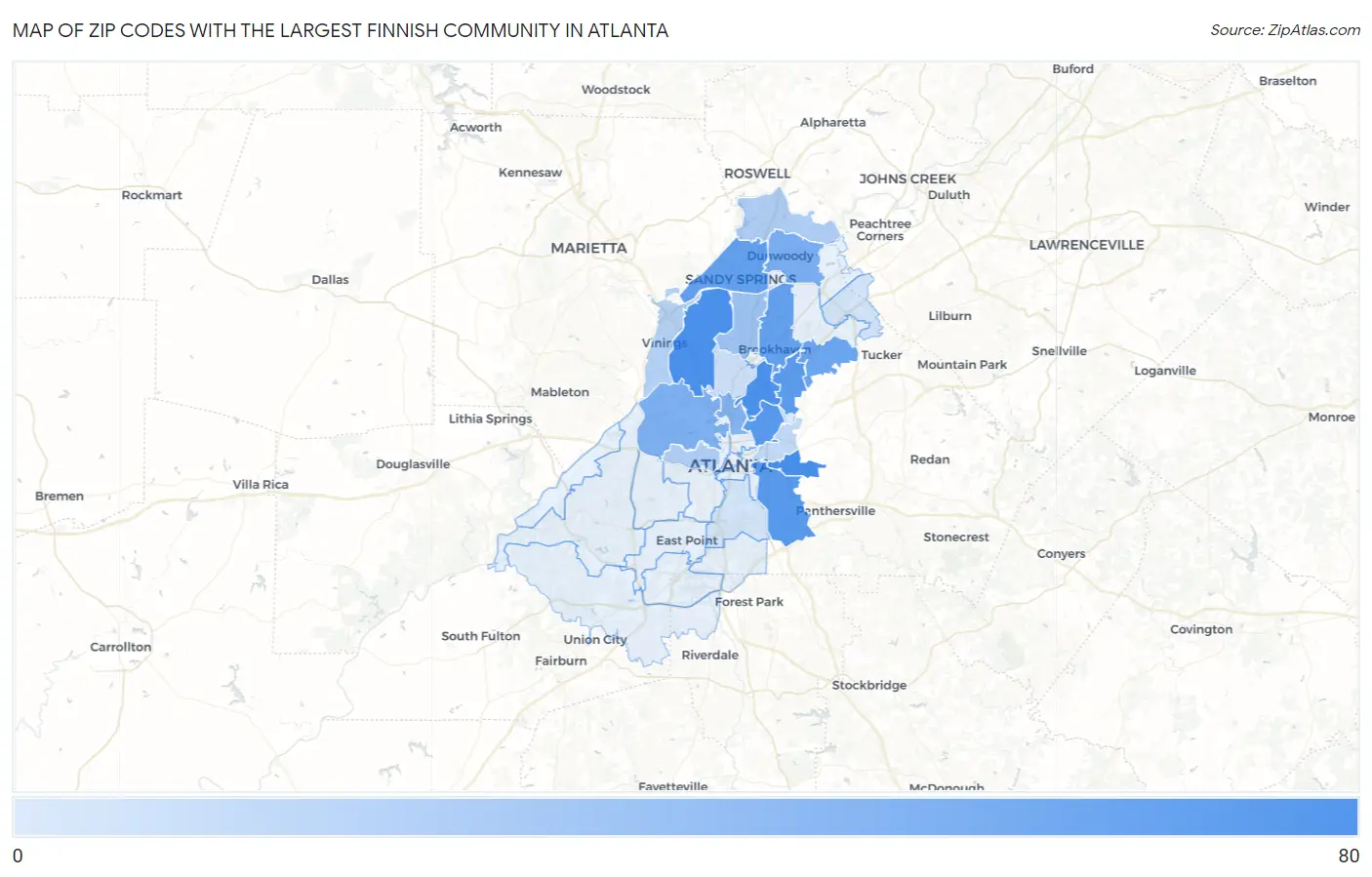 Zip Codes with the Largest Finnish Community in Atlanta Map