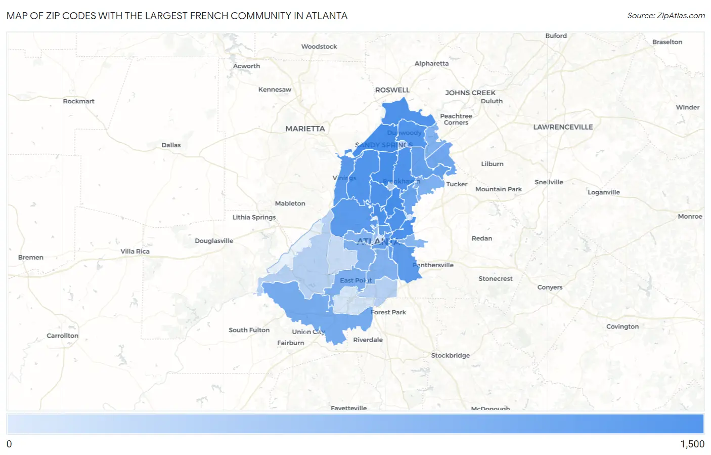 Zip Codes with the Largest French Community in Atlanta Map